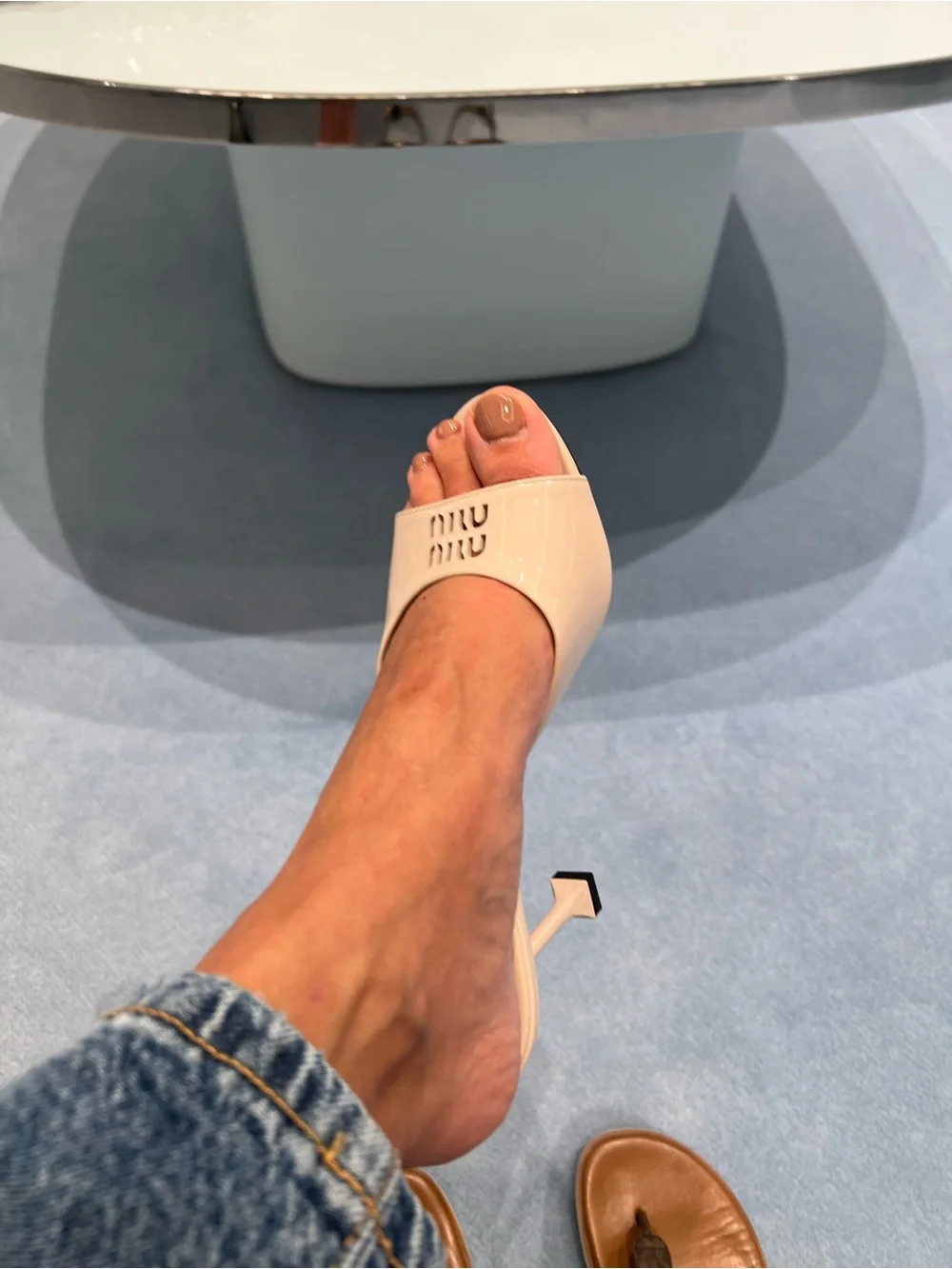 Miu Miu Cream Patent Leather Open-Toe Mules